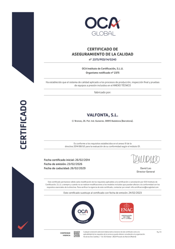 Pressure Equipment Directive (PED) certificate
